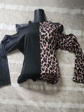 SHEIN Black and Brown Leopard Cold-Shoulder Long Sleeve Top